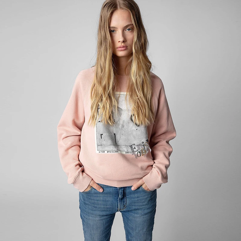 Zadig Casual Sweatshirt Women Cotton Fleece Letters Print Fashion Diamond Drill Sweatshirts Female Spring Round Neck Sweater Top