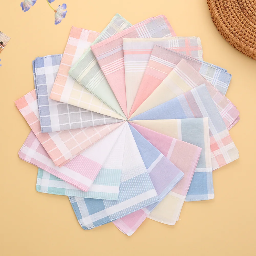 3pcs Women Vintage Thin Cotton Handkerchief Contrast Plaid Soft Comfortable Pocket Square for Daily Sweat Wiping