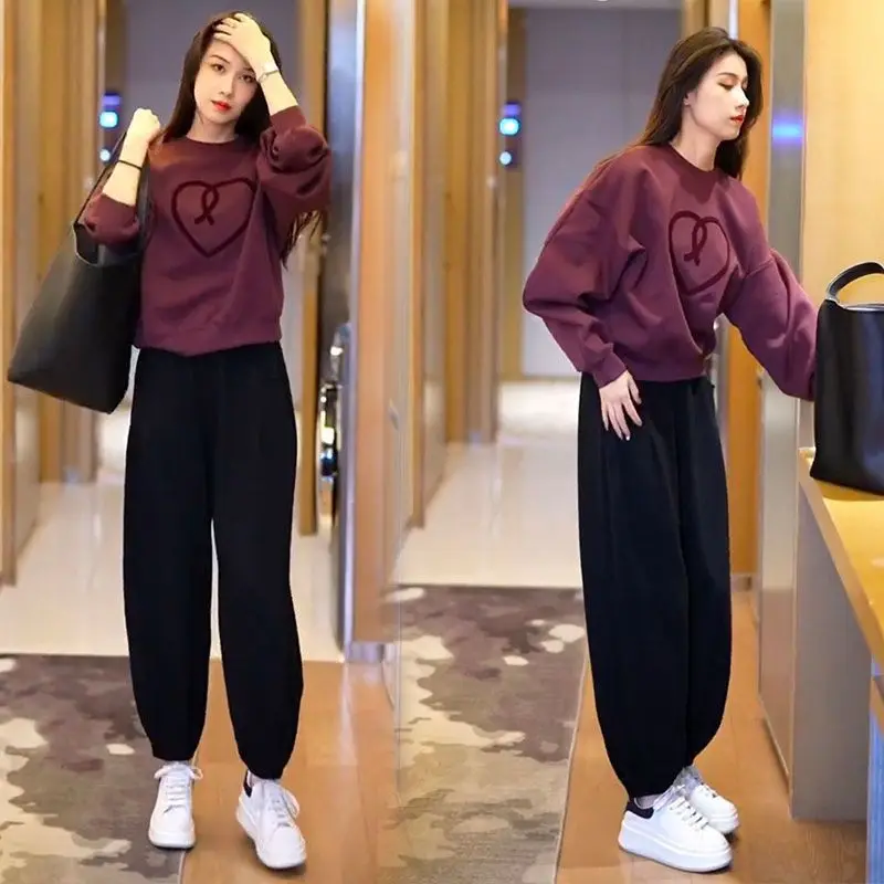 Women's Suit 2024 Autumn Winter New Casual Clothing Light Luxury And High-end Round Neck Sweatshirt Top Harlan Pants 2 Piece Set