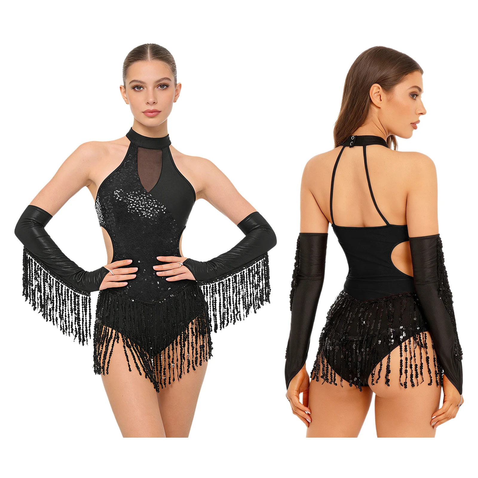 

Women Latin Samba Rumba Cha-Cha Tango Dance Costume Ballroom Dancing Leotards Shiny Sequins Tassels Bodysuit with Mesh Gloves