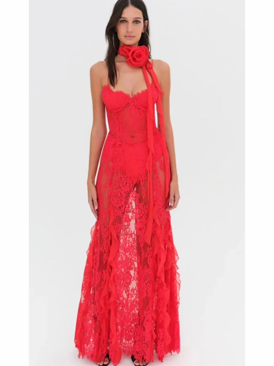 Sexy Women's Red Lace Halter Neck Maxi Dress with Rose Scarf Sheer Detail Ruffle Hem Ideal for Party Fashionable Choice