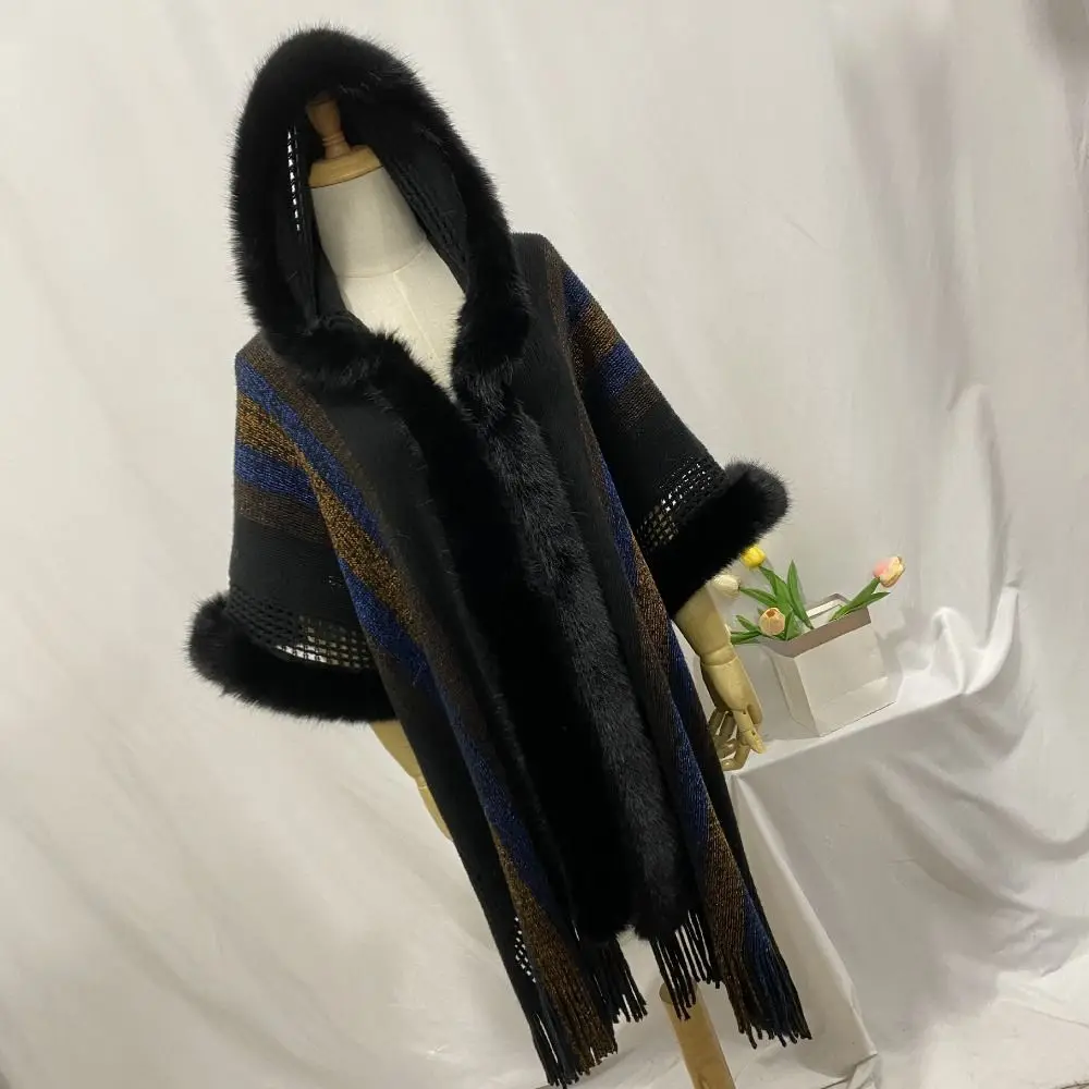 Women Fashion Winter Warm Hooded Cape Shawl Ethnic Style Imitation Cashmere Tassel Shawl Knitted Cardigan