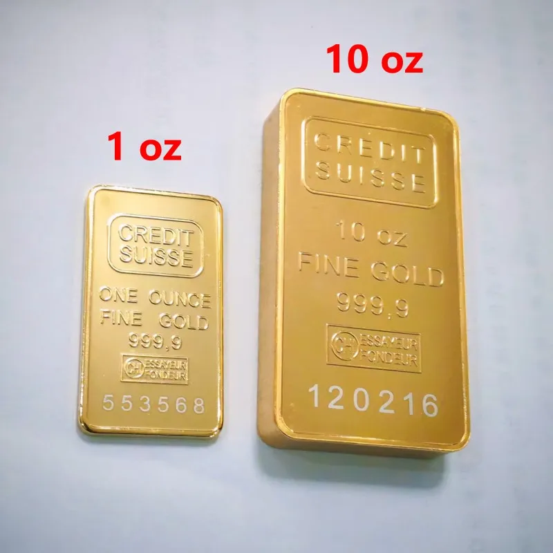 

Newest 10 oz Credit Suisse Gold Bar Non Magnetic Brass 24k gold-plated Bullion With Different Serial Laser Numbers
