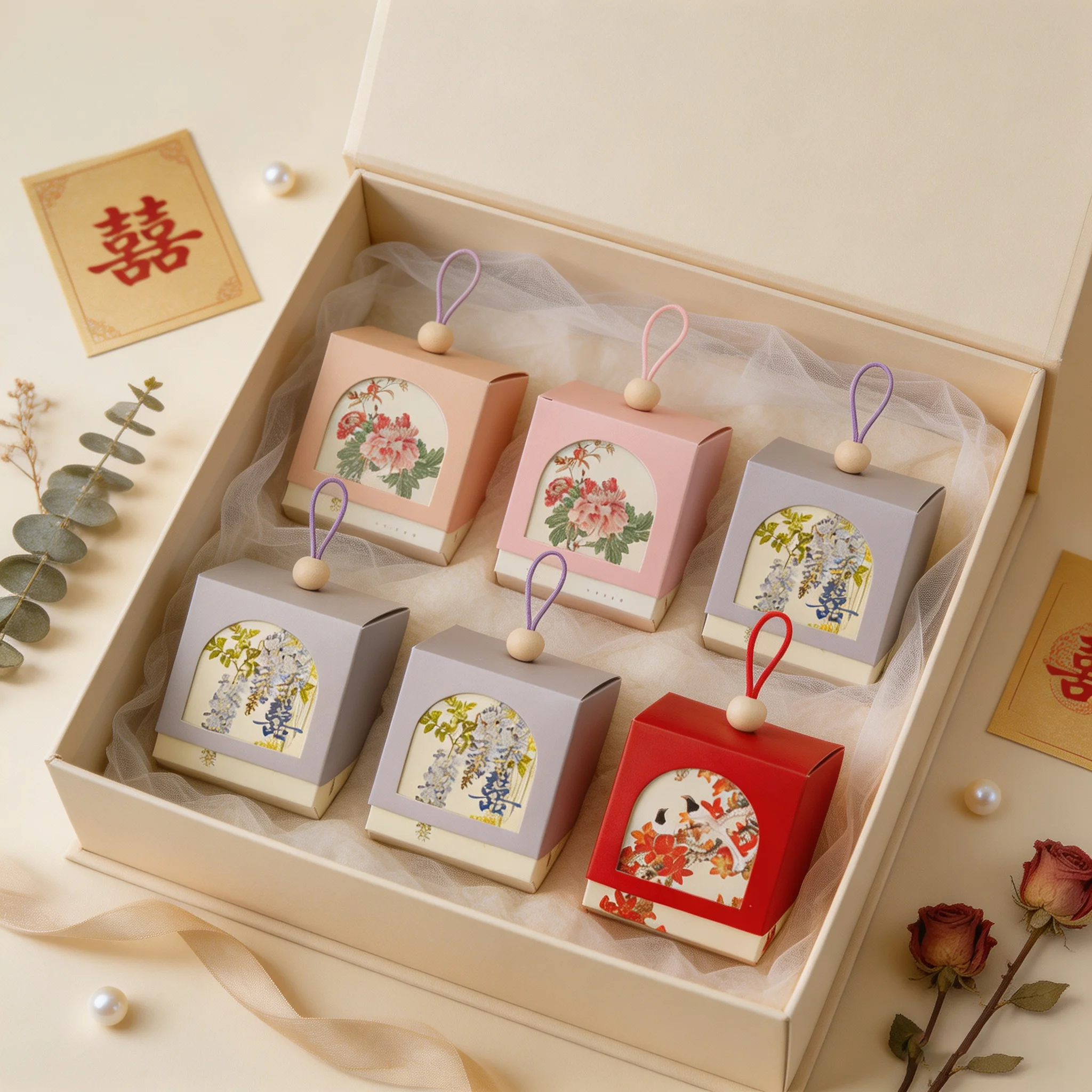 Paper Candy Box Wedding Favor Boxes Mini Floral Gift Box with Rope Wooden Bead Chocolate Packaging Bag Guests Thank You Gift Box