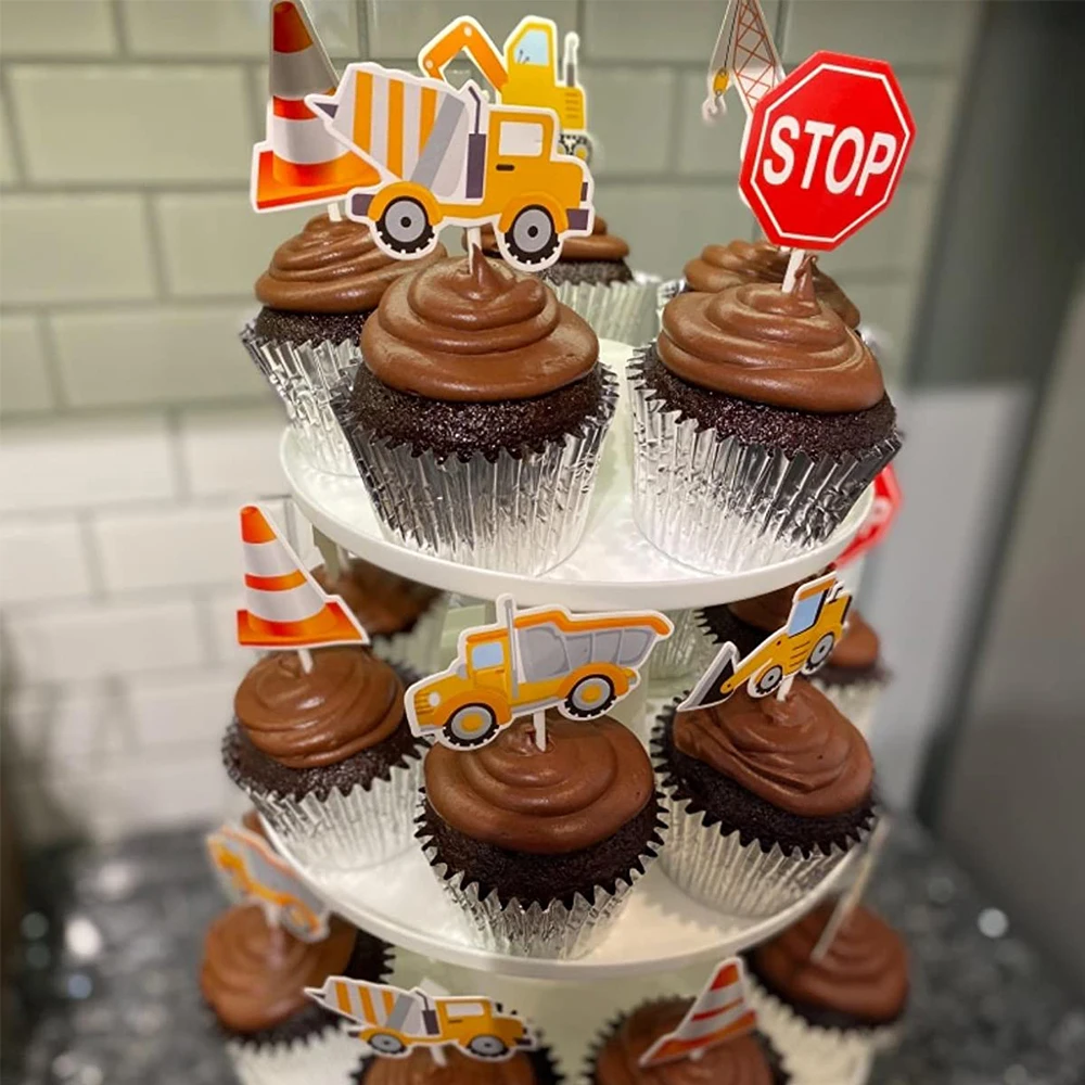 7pcs Construction Cupcake Topper Pick Dump Truck Excavator Tractor Party Cake Toppers for Kids Birthday Baby Shower Party Decor