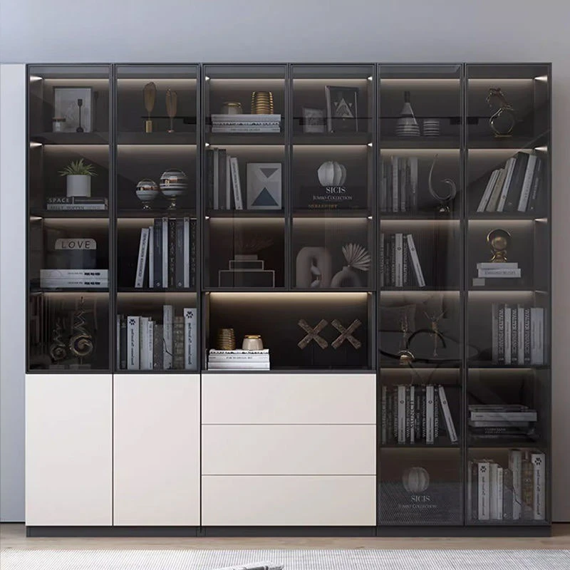 Solid wood bookcase, living room glass door display cabinet, household study locker integrated whole wall dust storage cabinet