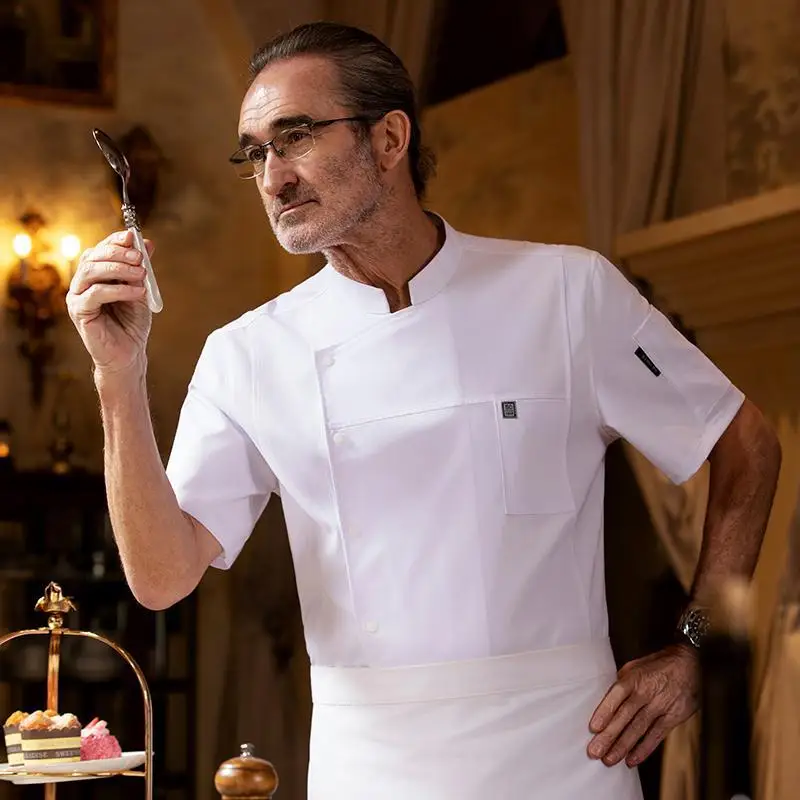 Uniforme de Chef d'hôtel à manches courtes, vêtements de travail spéciaux de cuisine de cuisson, veste d'été fine et respirante unisexe pour Restaurant et cantine