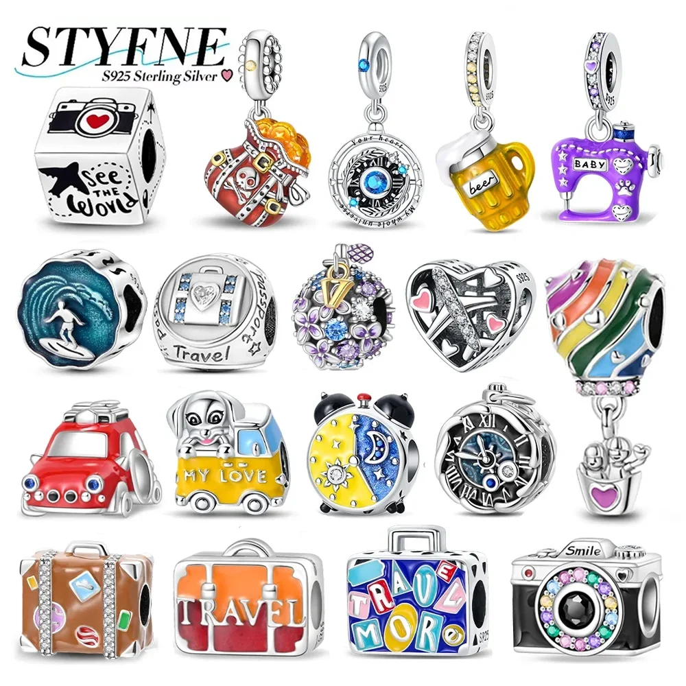 Charms 925 Silver Plated Clock Red Car Trunk Beads Hot Air Balloon Pendant Fit Women Original Bracelet Necklace Jewelry DIY Gift