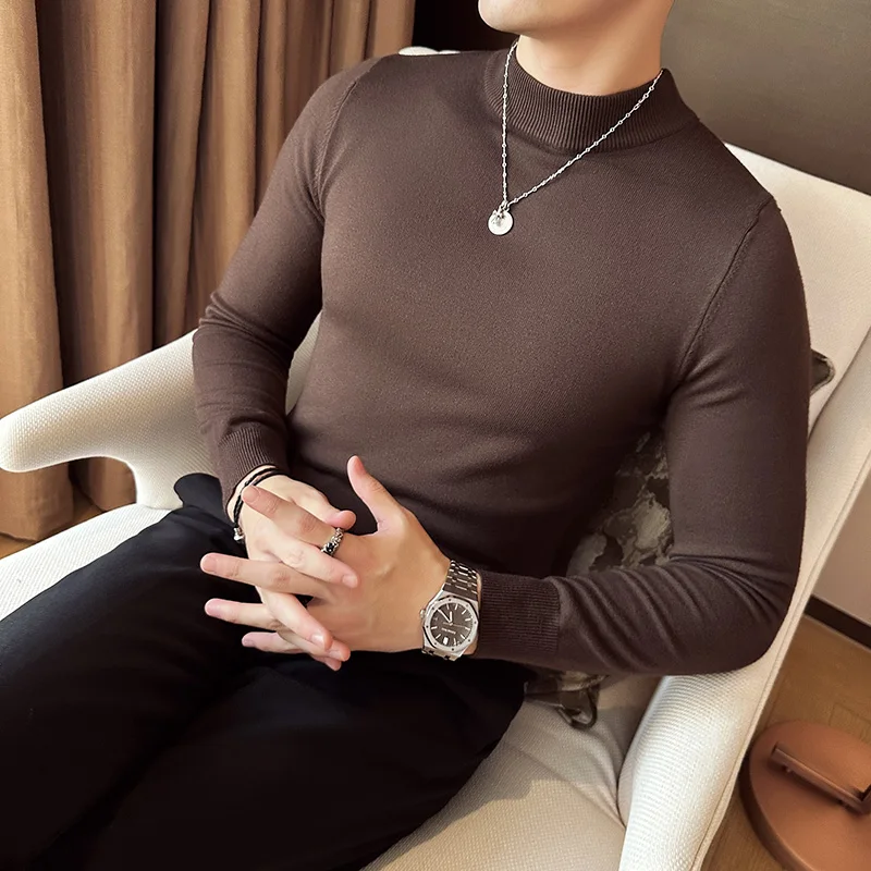 Autunno Inverno Mezza Collo Alto Maglione da Uomo Solido Caldo Maglieria Pullover 2025 Alta Qualitys Manica Lunga Slim Fit Elasticità Maglione