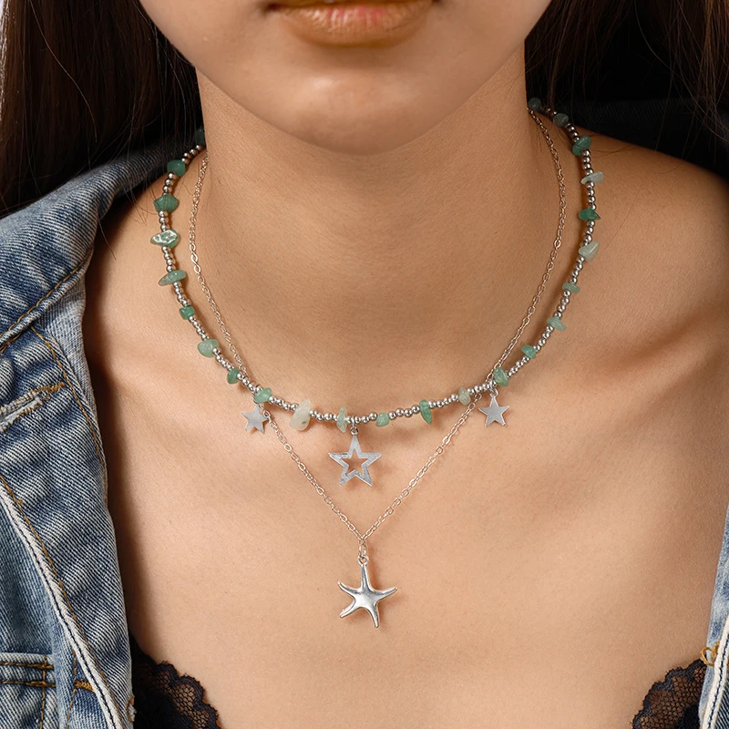 Aihua Boho Kpop Bunte Unregelmäßige Naturstein Hohl Stern Anhänger Halsband Halskette Frauen Goth Perle Kette Y2K Schmuck Zubehör – Detail 1