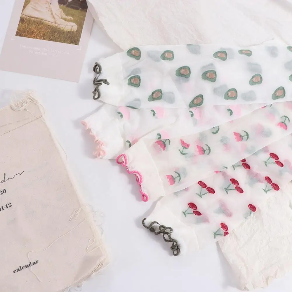 Peach Strawberry Glass Silk Ruffle Socks Cherry Avocado Transparent Flower Ruffle Socks Ultra Thin Ins