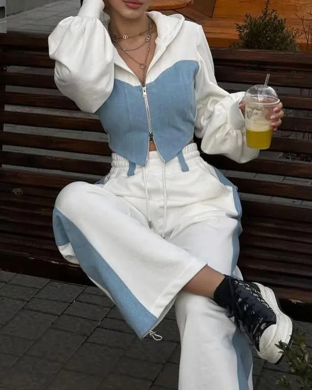 Zestawy dla kobiet 2 części 2024 Wiosenna moda Denim Splicing Hooded Long Sleeve Zipper Top & High Waist Casual Wide Legs Pants Set