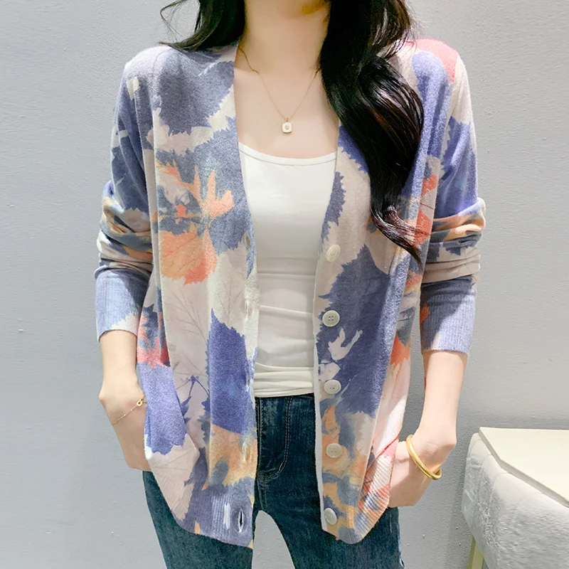 MadBlack-Women ヨーロッパの服 セーター、セクシーな V ネック プリント、作業服長袖ルーズ カーディガン ニットウェア、2025 冬 C5D236CC