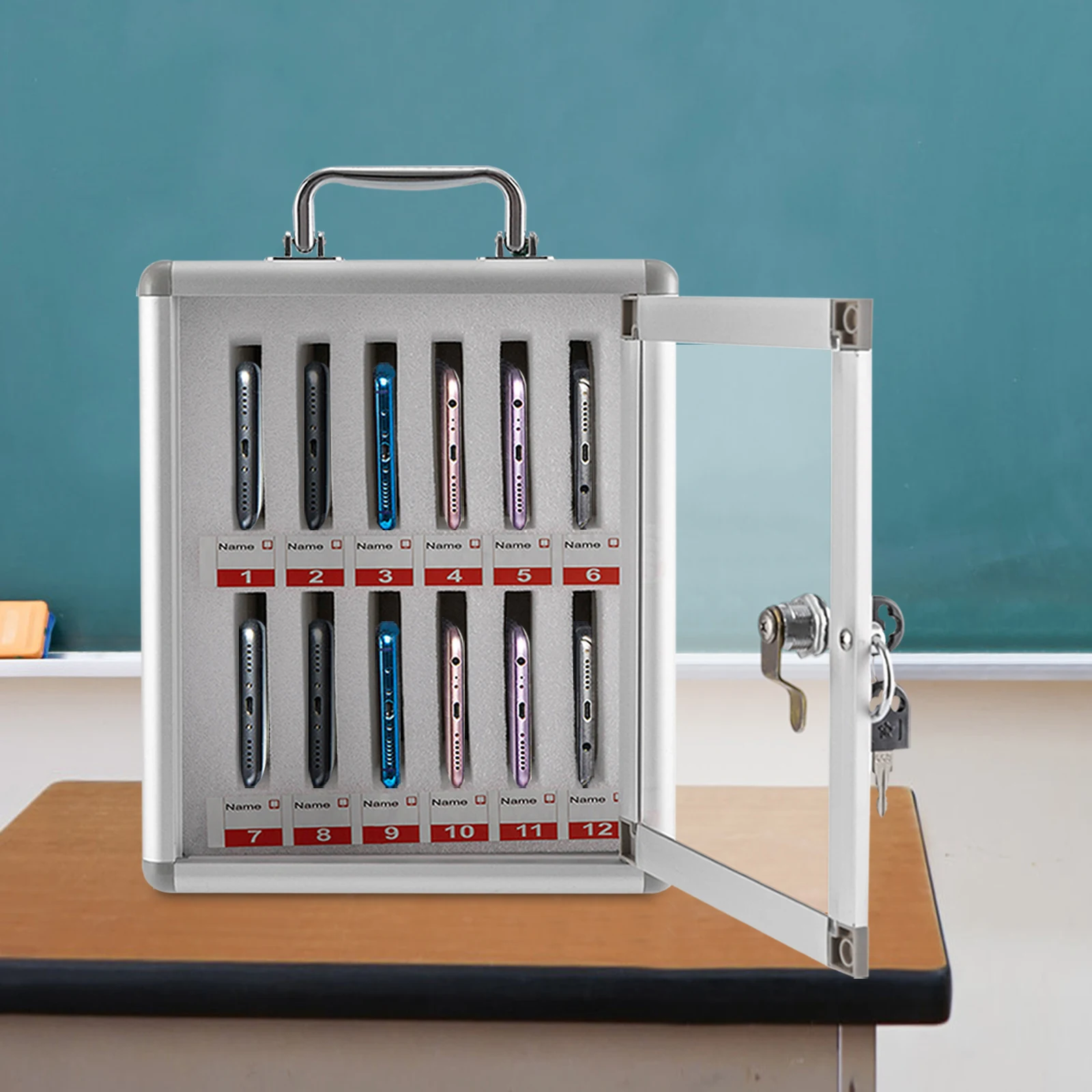 

Серебристый алюминиевый сплав 22*20*26 см, ящик для хранения сотового телефона с замком, 12 жемчужных хлопковых защитных шкафов для хранения сотового телефона