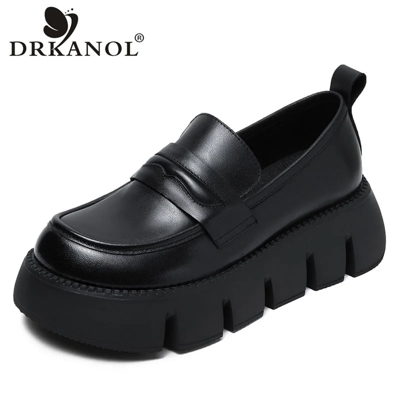 

DRKANOL 2024 Women Platform Shoes Slip On Loafers Ladies Genuine Leather Wedges Heel Jagge Sole Casual Shoes Handmade Retro