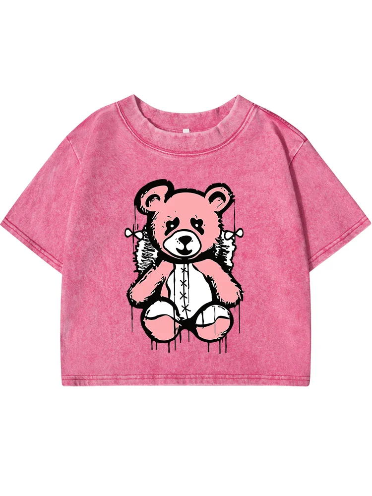 Lovely Puppet Bear Print Female Washed Short Tshirts Breathable Casual T-Shirts Summer Soft Clothes Loose Distress Tshirts Women