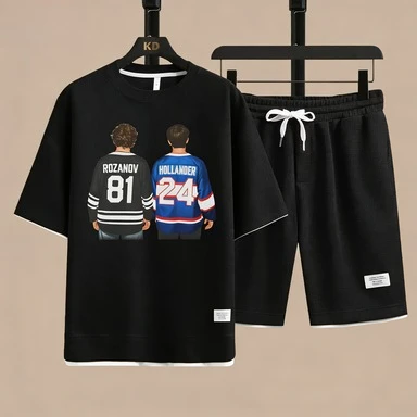 

Men Rozanov 81&Hollander 24 Ice Hockey Player Print 2 Piece Outfit Waffle Knit T-shirt + Shorts Set Sports Fan T-shirt Tracksuit