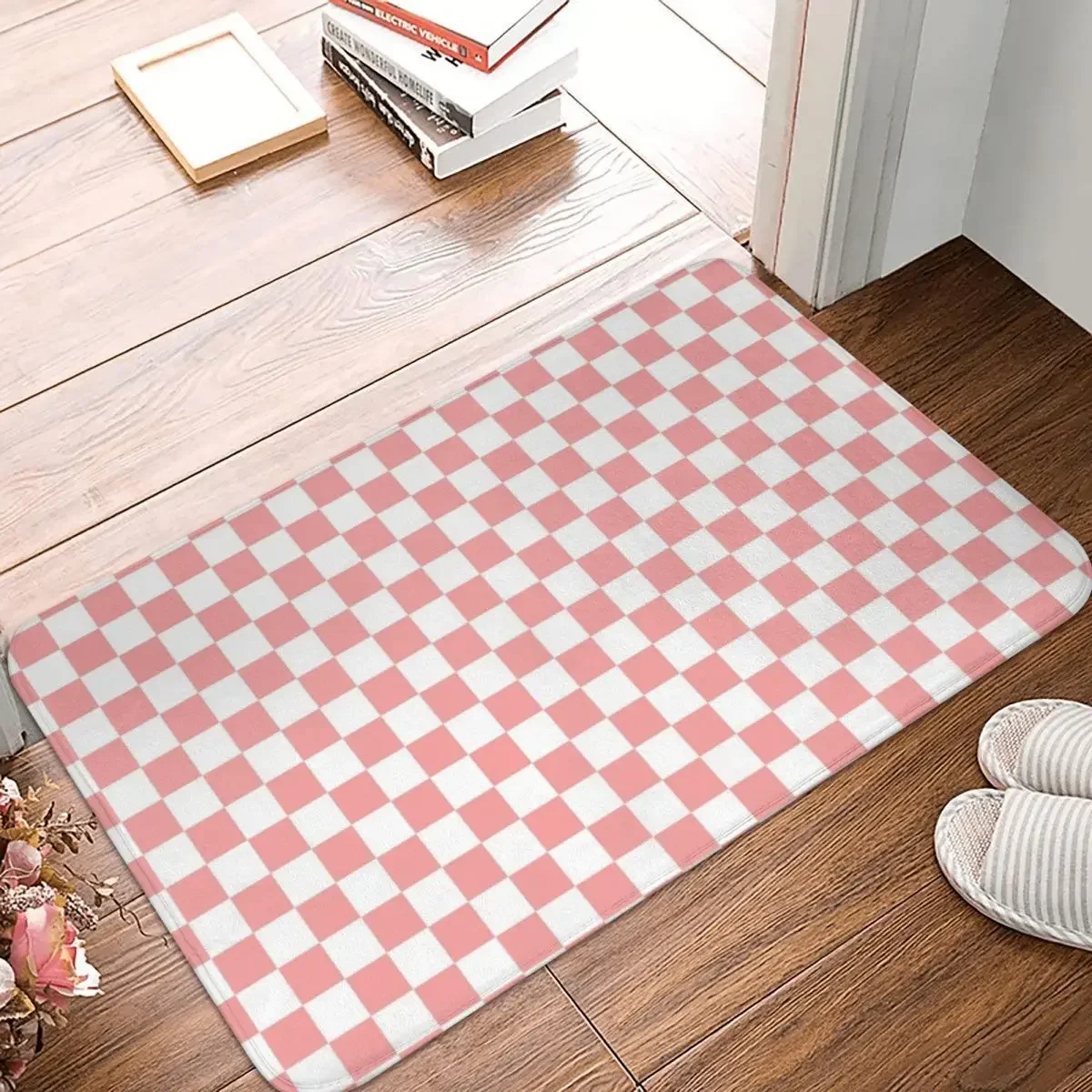 Checkered Pattern Pastel Pink X White Doormat Rug Carpet Mat Footpad Polyester Non-slip Absorbent Mat Entrance Kitchen Bedroom