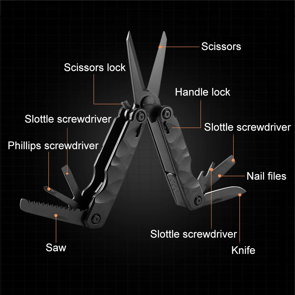 Black Garden Tools Folding Scissors Stainless Steel Multitool Folding Knife Saw Opener EDC Outdoor Survival Hand Tools Cutter