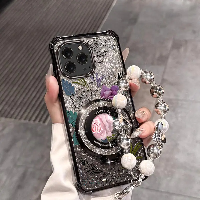 

15 Pro Fresh Rose Plating Bracelet Holder Phone Case For iPhone 15ProMax 16Pro 13Pro 14 14Pro 16 13 15 16Plus 13Mini Cover