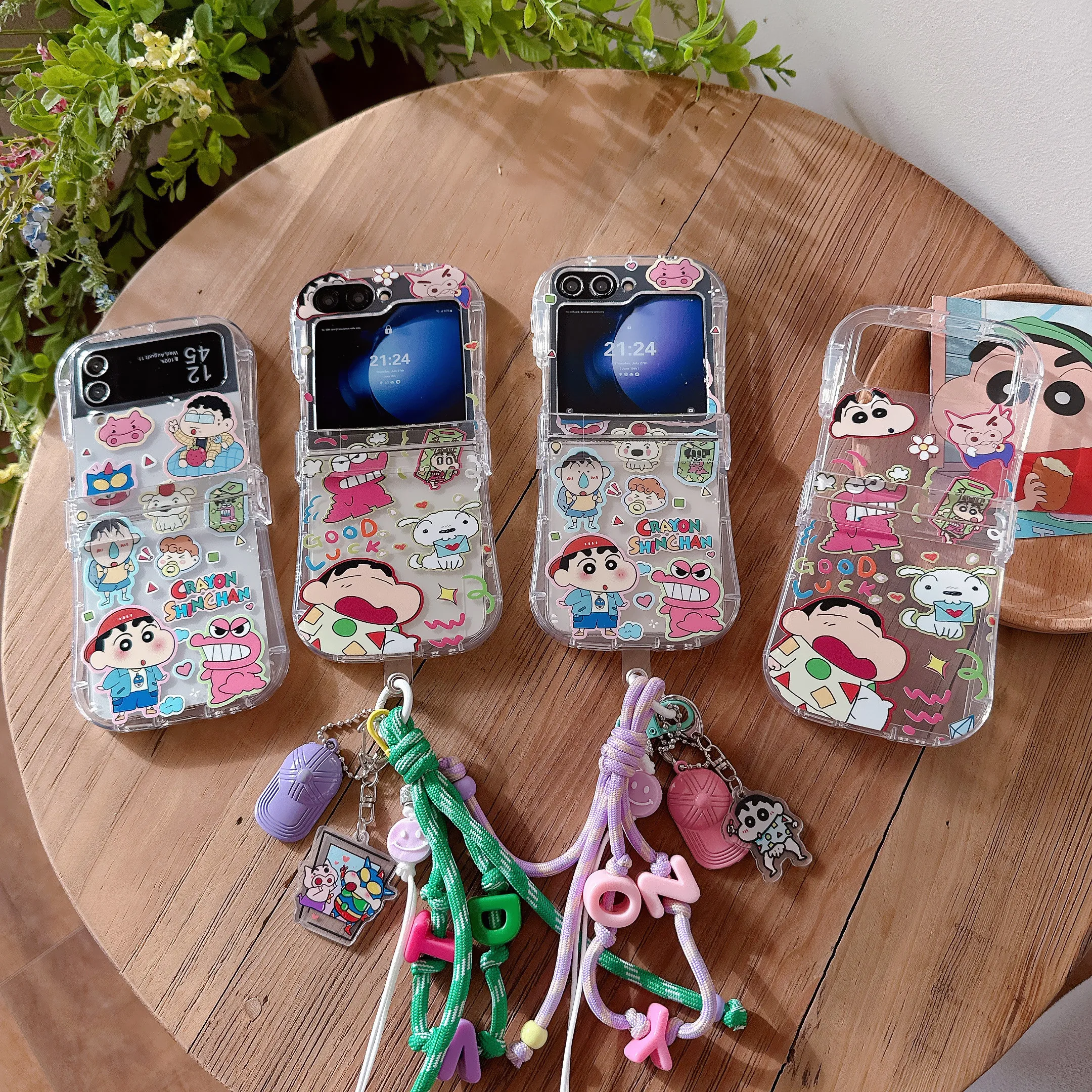 Cute Japan Anime For C-CrayonS-Shin-Chan Transparent Phone Case For Samsung Galaxy Z Flip 7 Z Flip 6 5 4 3 With Lanyard Cover
