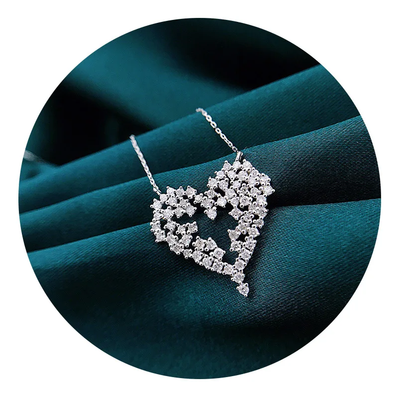 S925 Sterling Silver Necklace Full Diamond Love Shape Pendant With Luxury Micro set Zircon And High Carbon Diamond For Women