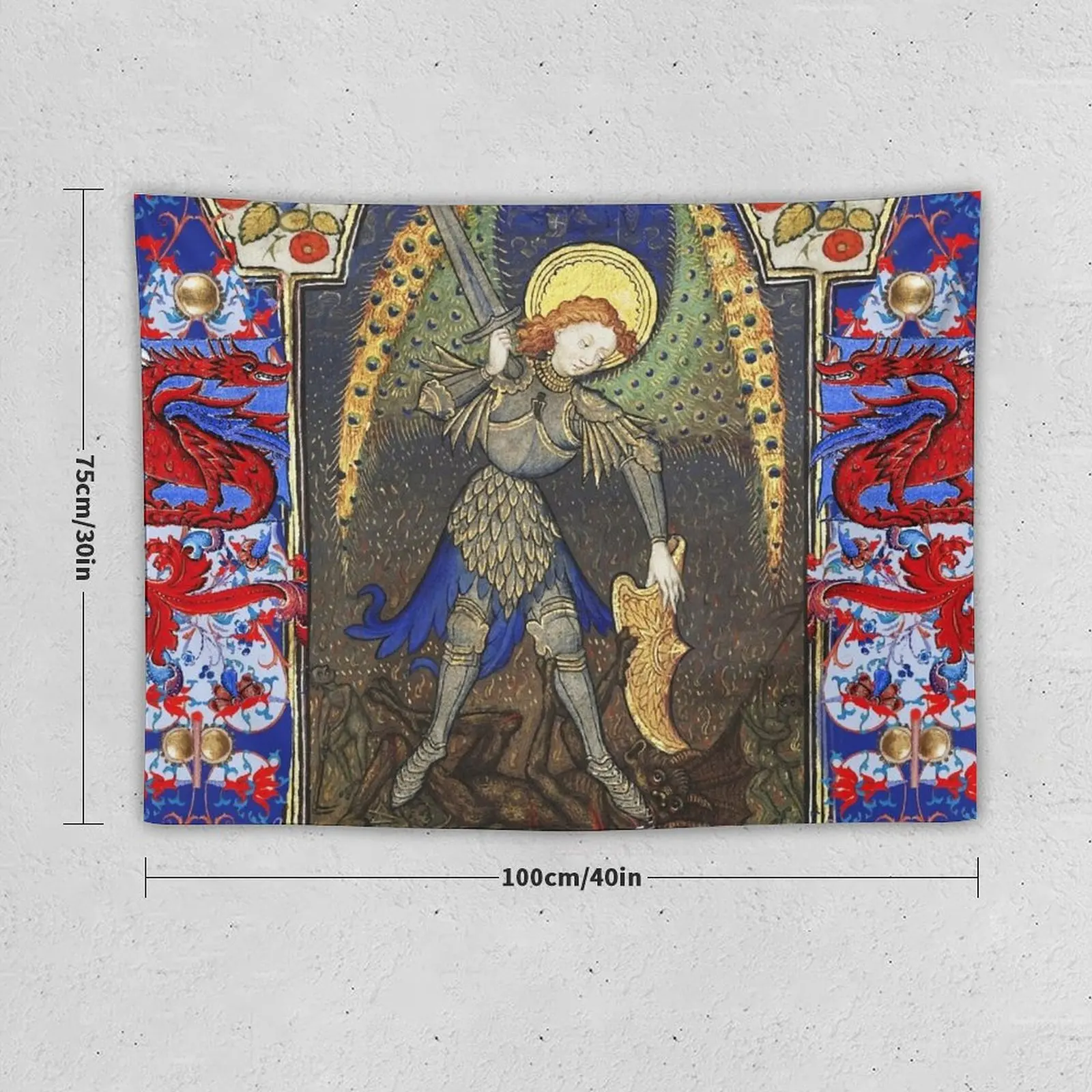 ST. MICHAEL ARCHANGEL COMBATTING DEVIL AND RED DRAGONS Medieval Miniature Tapestry Home Supplies Cute Room Things Tapestry