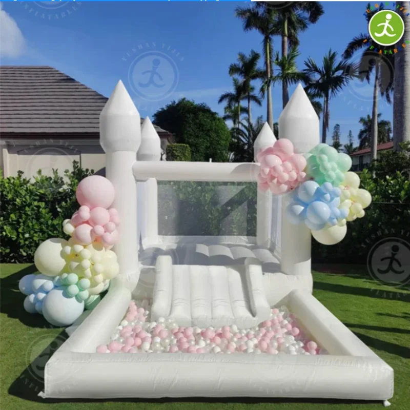 Grande maison gonflable en PVC avec piscine à balles, château à rebond, espace de saut avec fosse à balles et souffleur pour enfants, mariage, blanc