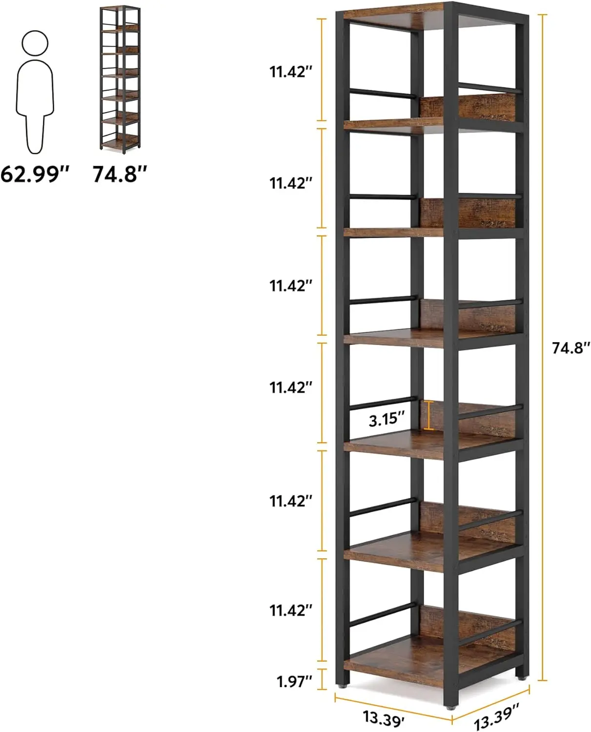 Estante Estreita Alta Estante De Armazenamento Rack, Estante Aberta Rústica, Torre De Prateleira Quadrada, Etagere Prateleiras Display Stand