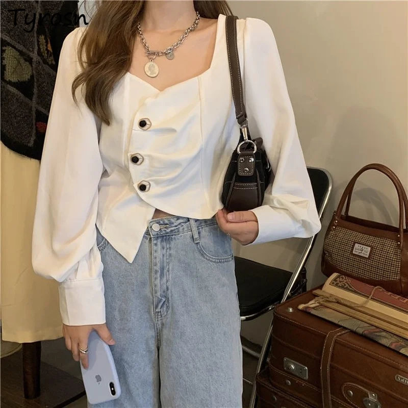 

Women Square Collar Cropped Shirts Asymmetrical Designed Chic Solid Lantern Sleeve Spring Autumn Fashion Korean Style Casual Ins