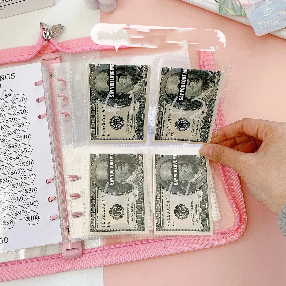 A5 Pink Zip 100 Envelope Savings Challenge Loose-Leaf Binder Budget Binder With Cash Envelopes Money Organizer System