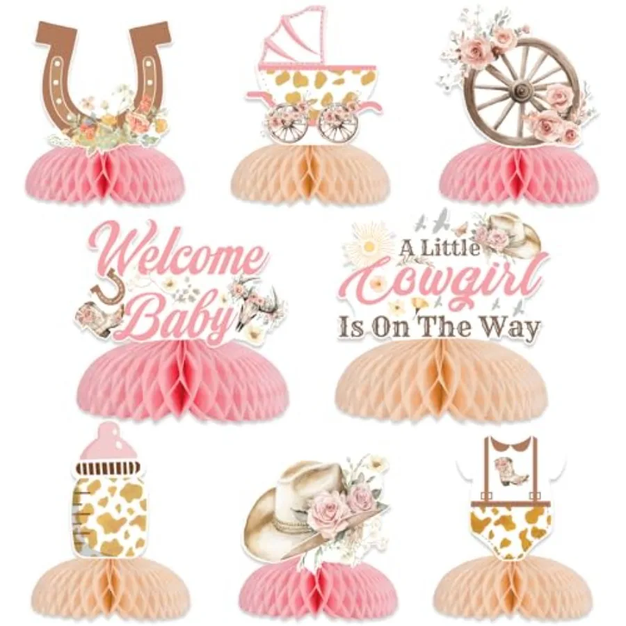 카우걸 베이비 샤워 장식 8개 세트 서부풍 '작은 카우걸이 온 길다' 허니콤 센터피스 핑크 플로럴 테이블 토퍼