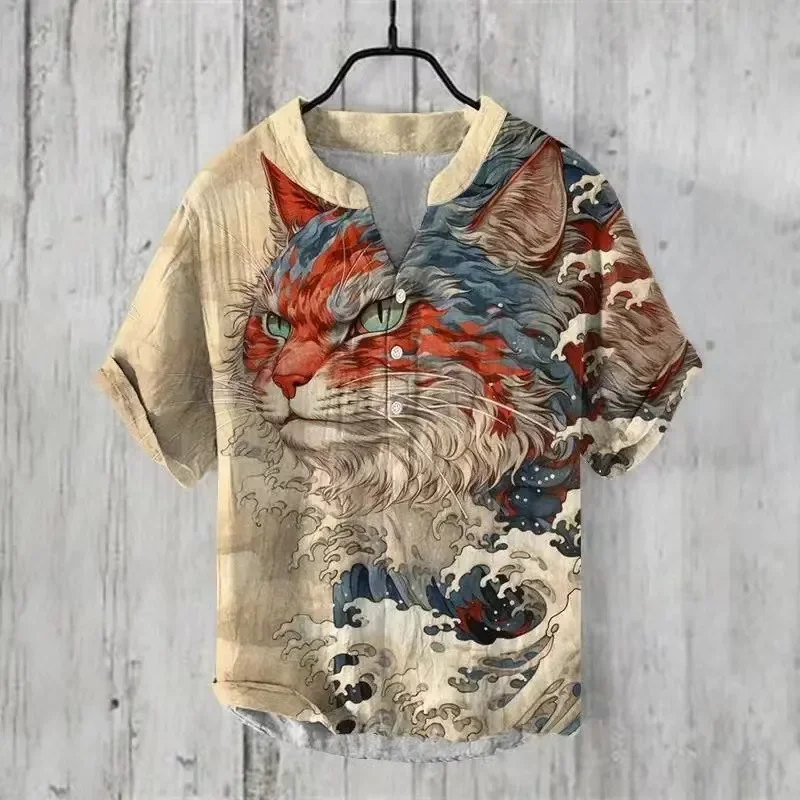 YIKI Hawaiian style summer beach casual men's short sleeved V-neck pullover shirt 3D digital printing artistic landscape paintin