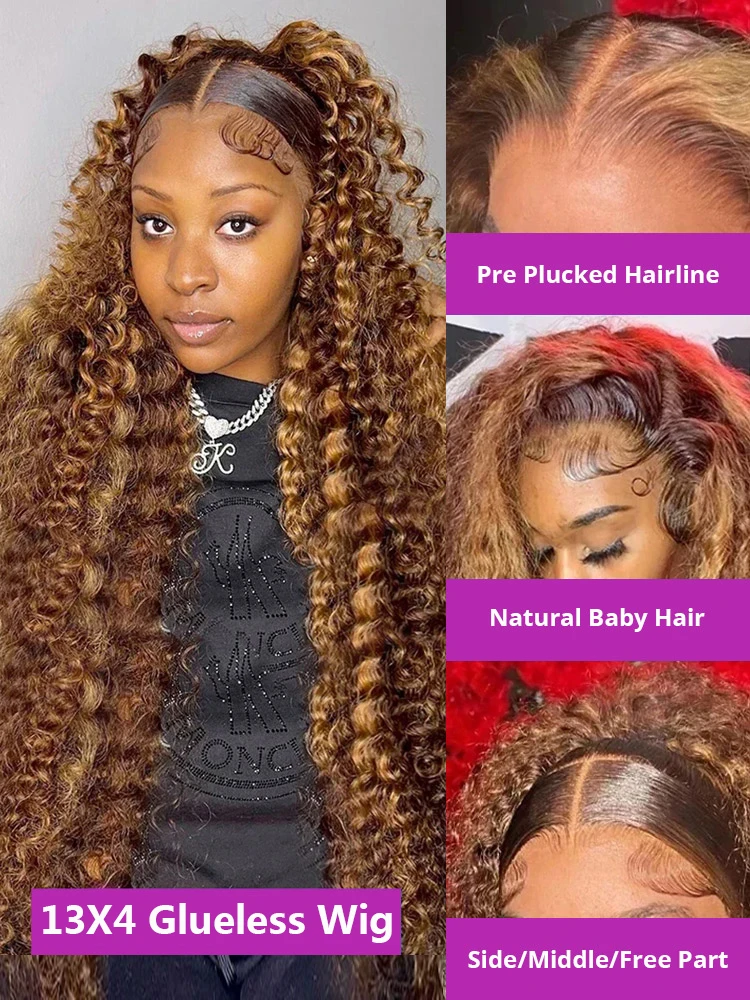 Highlight Water Curly Glueless 13x4 Hd Lace Front Human Hair Wig Ombre Brown Brazilian Deep Wave Lace Frontal Wigs For Women