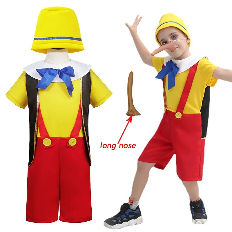 Pinocchio Costume for Kids Boys Funny Pinocchio Cosplay Costumes Child Clothes Free Nose Halloween Uniform for Kid