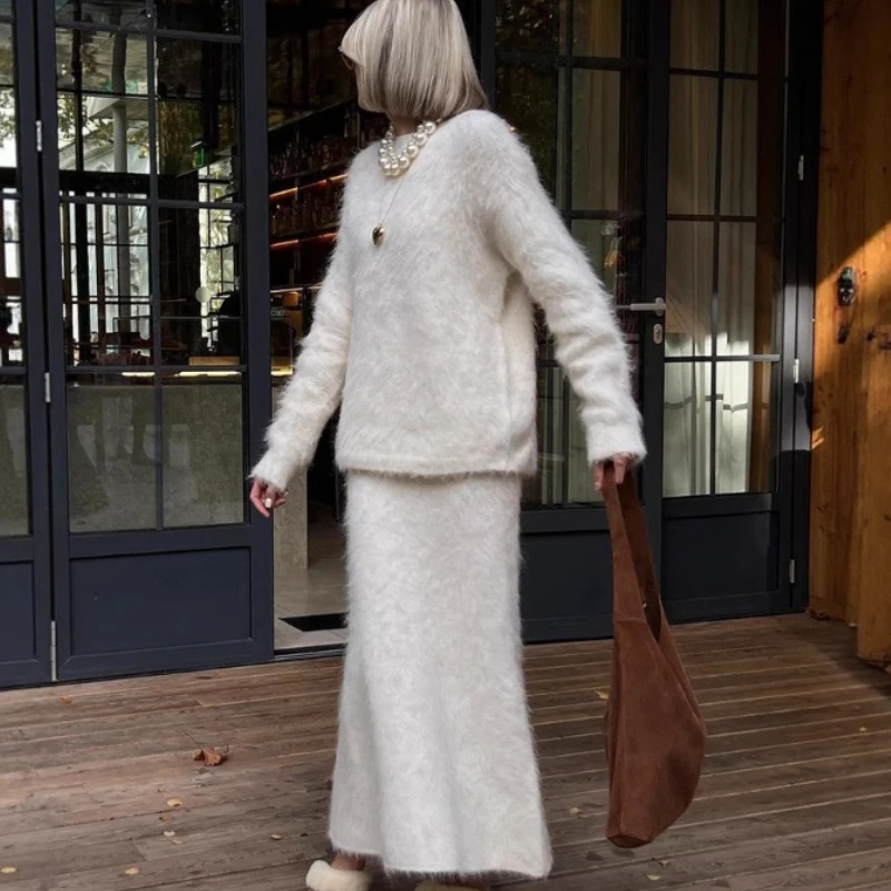 Langarm Pullover Schlank Hohe Taille Rock 2Anzüge Herbst Winter Dame Kleidung TARUXY Gestrickte Oansatz Pullover Set frauen Solide