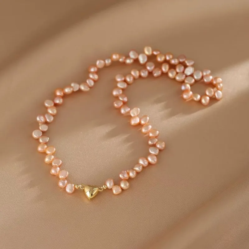 

Minar French Pink Purple Irregular Freshwater Pearl Beaded Necklace for Women Real Gold Plated Copper Chain Heart Magnet Chokers