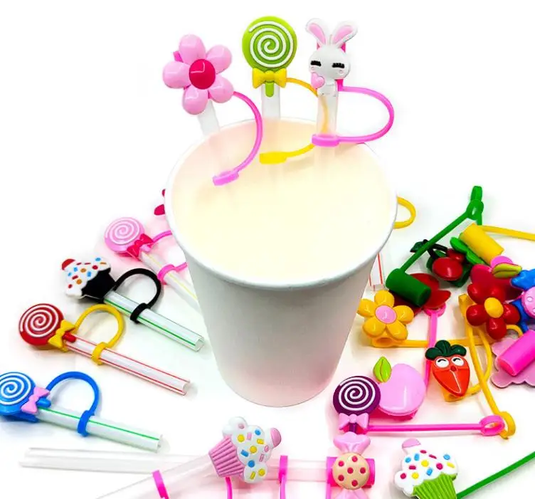 Silicone Straws Toppers Cute Reusable Splash Proof Drinking Straws Plug Covers Party Juice Wine Recognizer SN4246