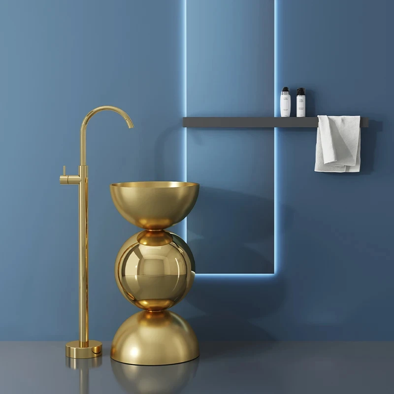 Personalized stainless steel column style wash basin floor mounted integrated wash basin brushed gold YX731TB