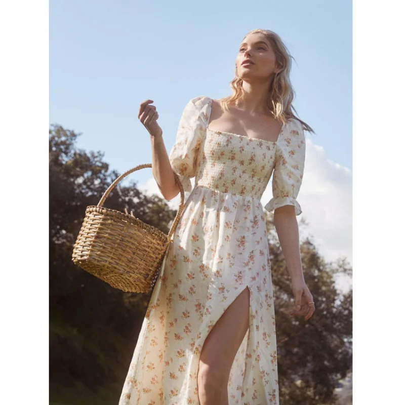 

Spot GoodsNR008refSummer Women's Linen Floral Print Dress Fairy-like Elegant Versatile