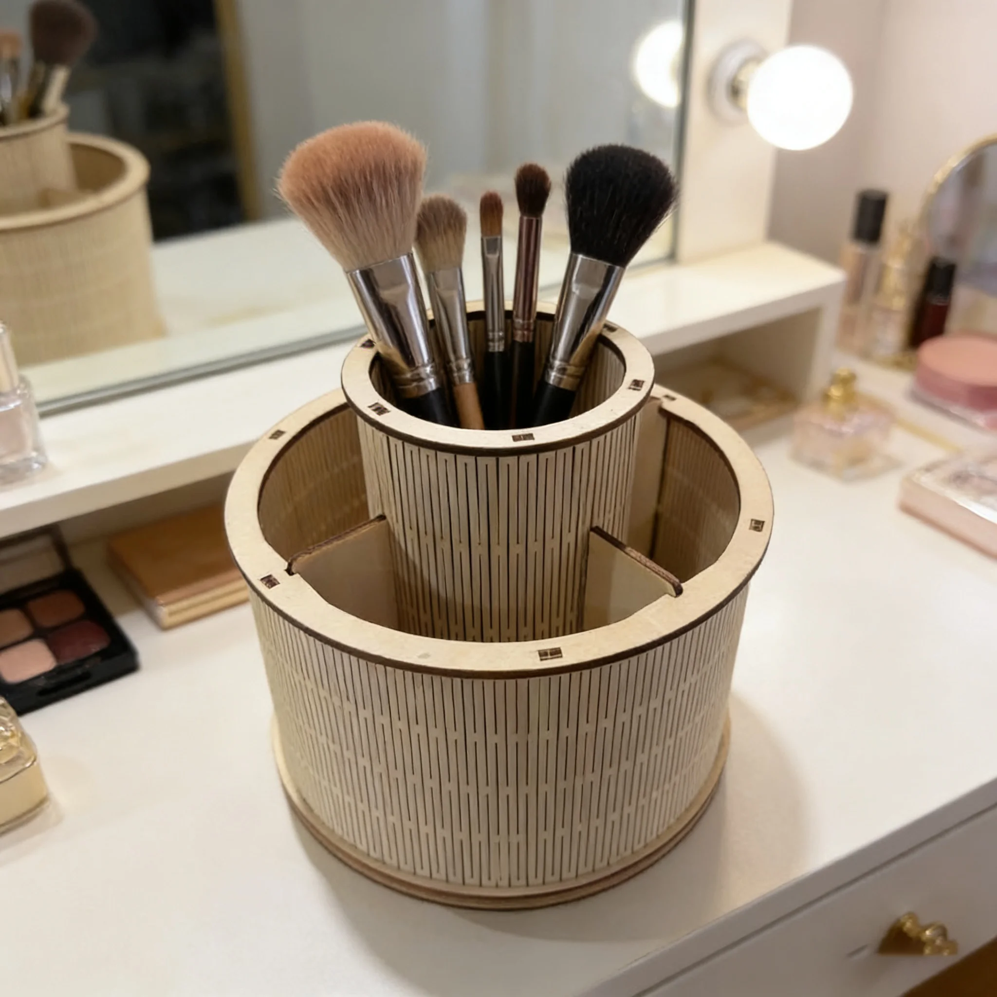 3D Wooden Puzzle Makeup Organiser Rotating Cosmetic Tool Storage Box Desk Organiser Makeup Brush Holder