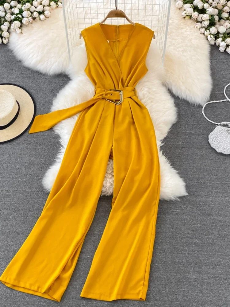 Summer Women V-neck Chiffon Jumpsuits With Belt Office Ladies Retro Rompers Straight Pants Overalls Playsuits Ladies Jumpsuit