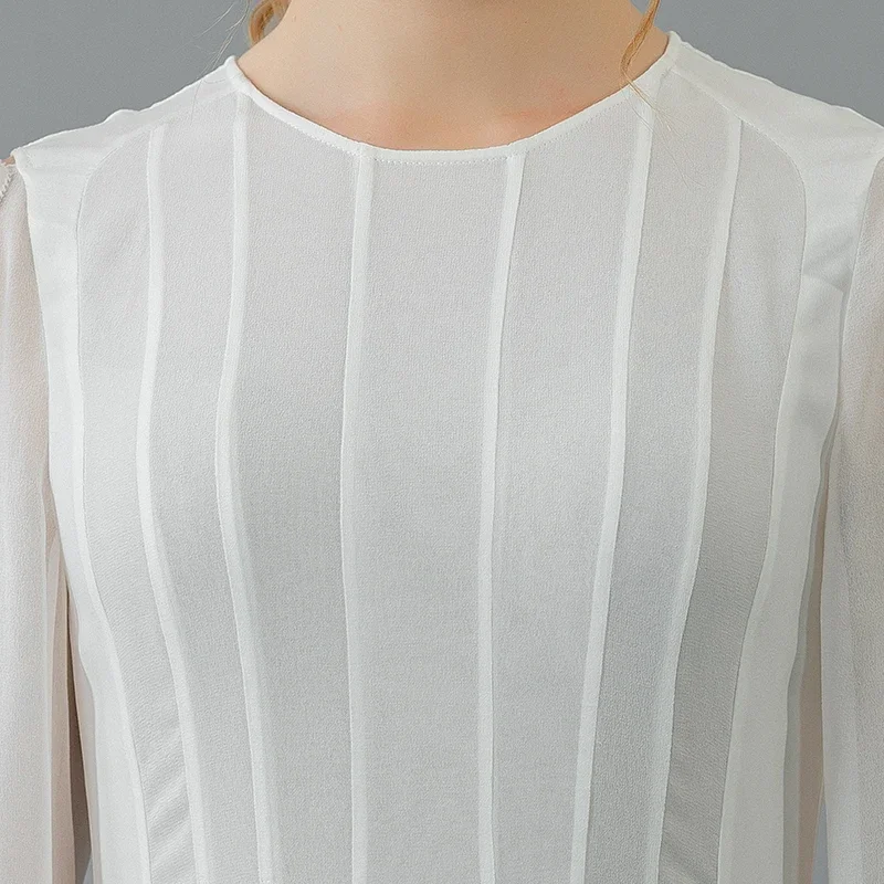 Voa smoothie branco dupla camada georgette seda amoreira renda solta-folha em torno do pescoço cintura plissado simples vestido de seda verão ae1623