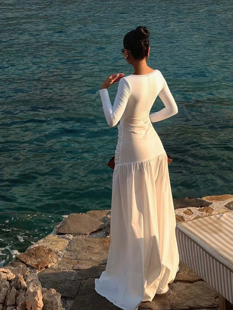 Heinene Sxey ホワイトカットアウト長袖マキシドレス女性のためのソリッドエレガントな足首までの長さの A ラインビーチドレス 2025 新しい秋冬
