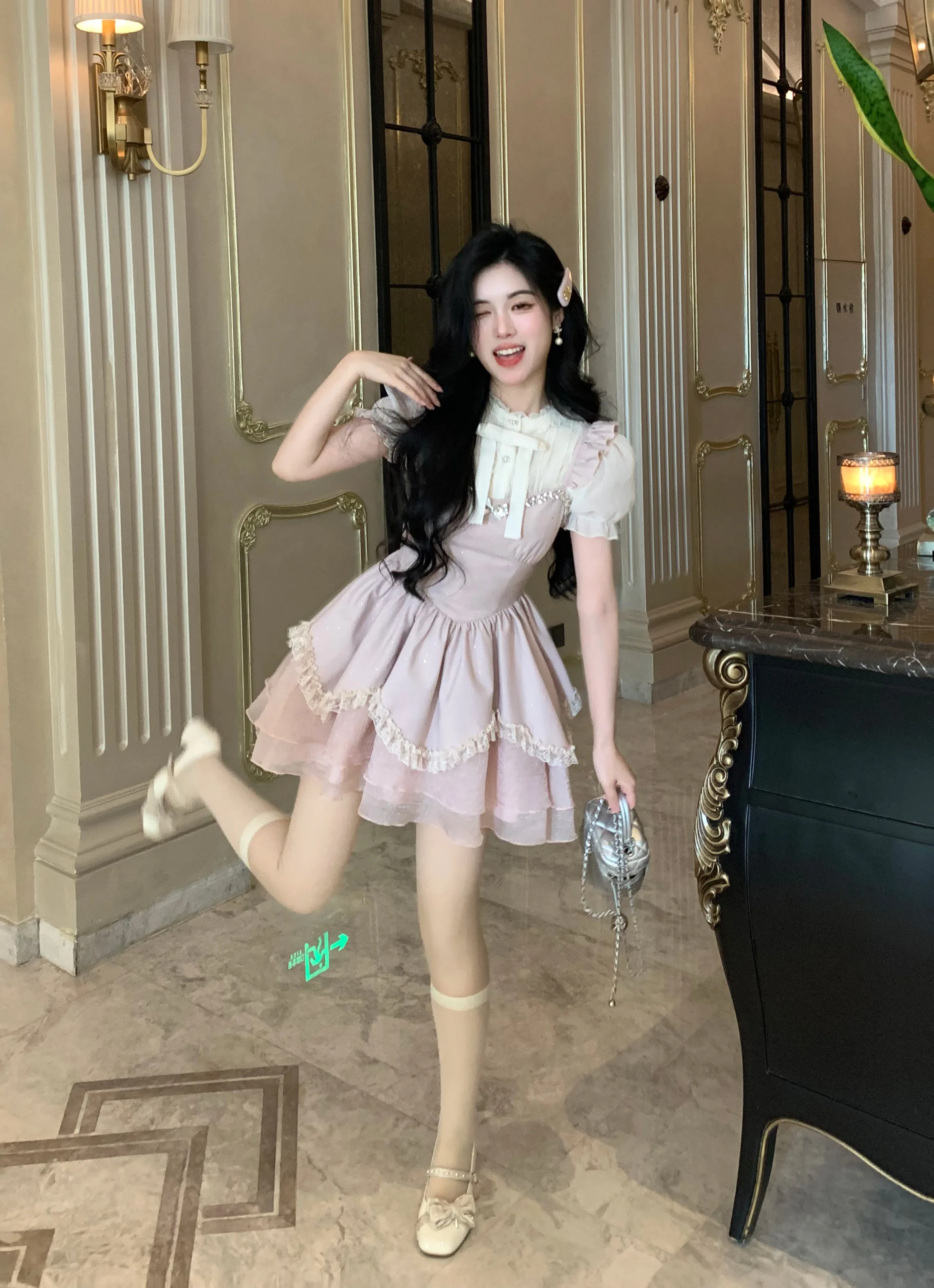 Elegante doce gola chiffon manga curta arco único breasted camisas de cintura alta magro fofo estilingue vestido conjuntos de duas peças feminino