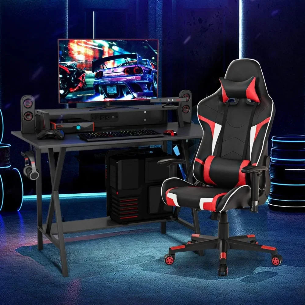 Gaming Desk and Chair Set, Ergonomic E-Sport Gamer Desks & Racing Chair Set W/Cup Holder,  Home Office Computer Desk Chair