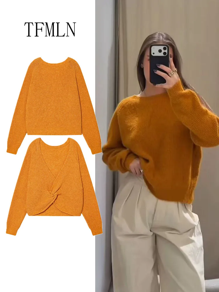 

Loose Women Backless Solid Knitted Sweaters Retro Long Sleeve Back Knot Causal Pullover Tops Sweet High Street Lady Knitwear