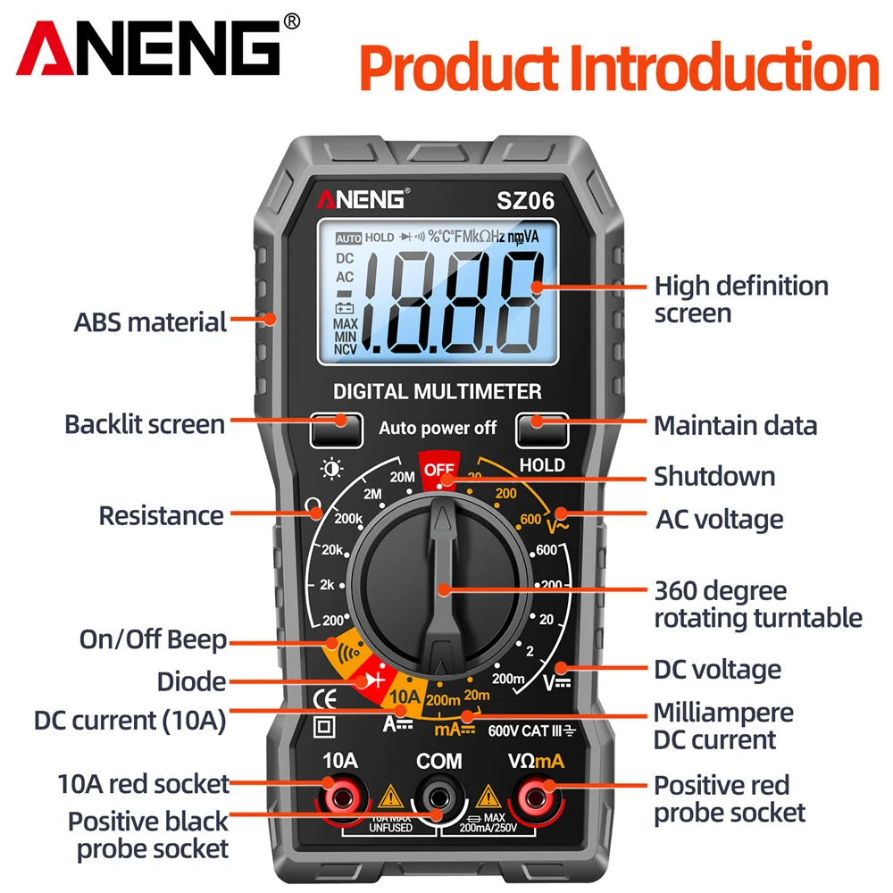 ANENG SZ06 Digital Multimeter AC/DC Voltage Auto Tester Current Ammeter Smart Multimetro Data Hold Diode Voltmeter Ohm Tools