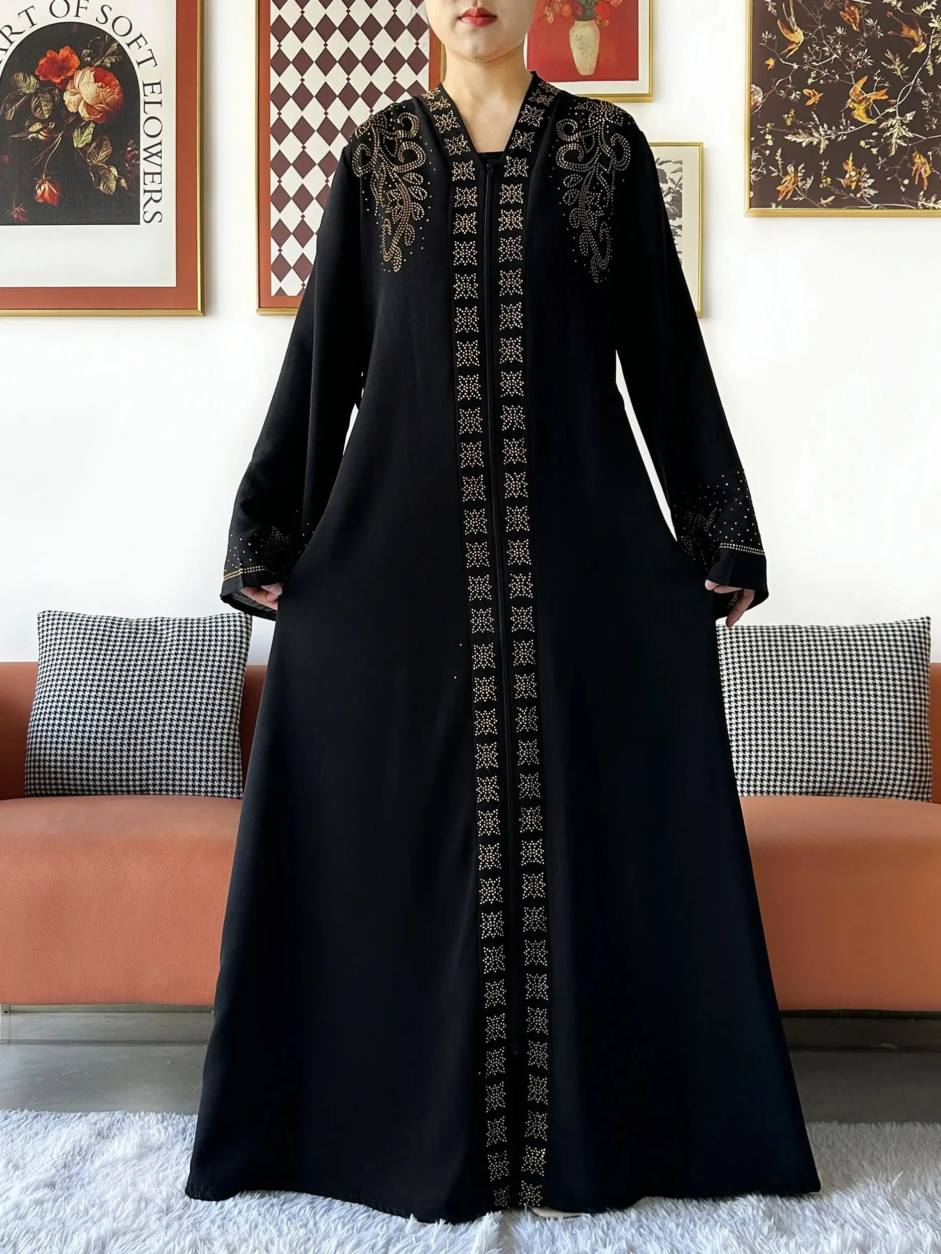 2025 New Lady Elegant Dress Chiffon Open Abaya with Zipper Muslim Women Dress Islamic Clothing Cardigan Abaya Women Muslim Dress