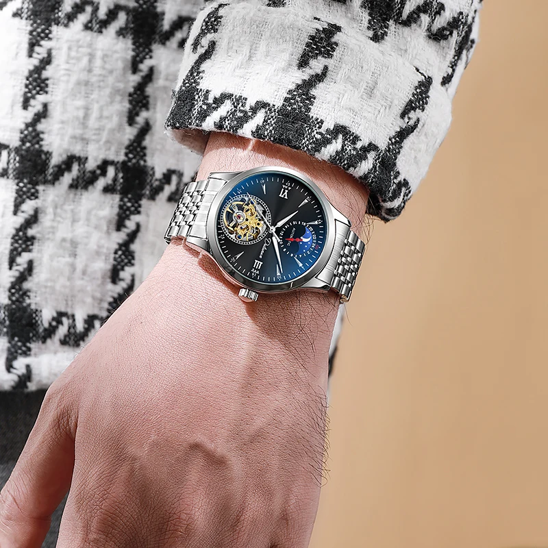Dulunwe Round Men'S Mechanical Watch Sun, Moon And Stars Hollow Tourbillon Design Automatic Watch 24 Hours